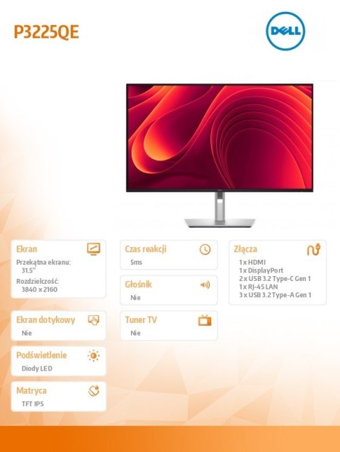 Monitor Dell P3225QE 31.5 4K IPS z USB-C i RJ45