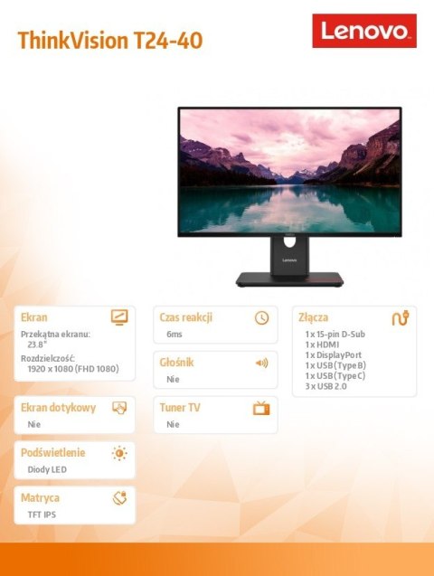 Monitor Lenovo ThinkVision 23.8 FHD IPS matowy z USB-C