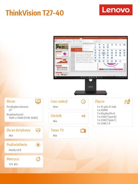 Monitor Lenovo ThinkVision T27-40 27 FHD lekki profesjonalny z IPS
