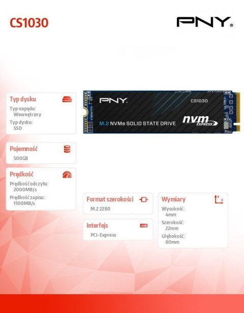 Dysk SSD PNY 500GB M.2 2280 szybki wewnętrzny PCI-Express