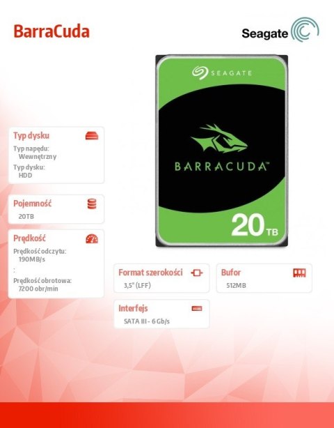 Dysk twardy Seagate BarraCuda 20TB 3.5 HDD wewnętrzny SATA III 7200 obr