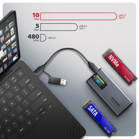 AXAGON EEM2-SD2 obudowa zewnętrzna USB-C 3.2 Gen2 aluminiowa z LCD
