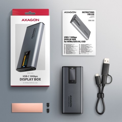 AXAGON EEM2-SD2 obudowa zewnętrzna USB-C 3.2 Gen2 aluminiowa z LCD