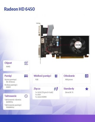 Karta graficzna AFOX Radeon HD 6450 1GB DDR3 64Bit DVI HDMI VGA LP
