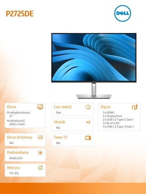 Monitor Dell P2725DE 27 QHD IPS z USB-C profesjonalny z hubem