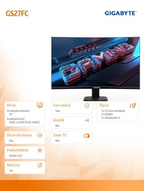 Monitor Gigabyte GS27FC 27 cali FHD zakrzywiony gamingowy 180Hz