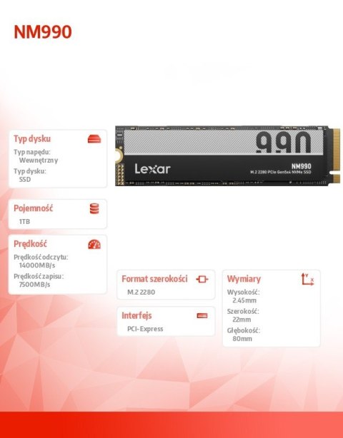 Dysk SSD Lexar NM990 1TB Gen5 14000 MB/s szybki wewnętrzny M.2