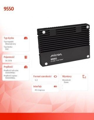 Dysk SSD Micron 9550 PRO 30.72TB NVMe U.2 15mm ultrawydajny do centrów danych