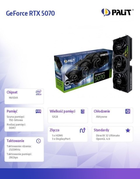 Karta graficzna Palit GeForce RTX 5070 GAMING PRO OC 12GB GDDR7 wydajna