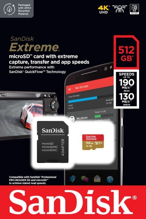 SanDisk Karta pamięci Extreme microSDXC 512GB 190/130MB/s A2 V30 U3 szybka
