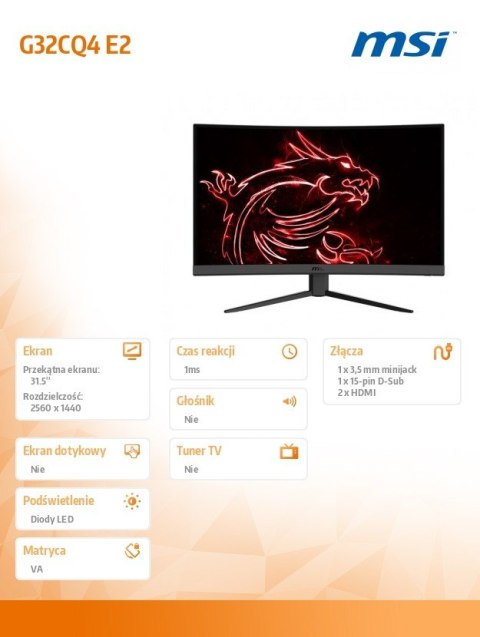 Monitor MSI G32CQ4 E2 31.5 cali Curved WQHD 170Hz gamingowy z HDR