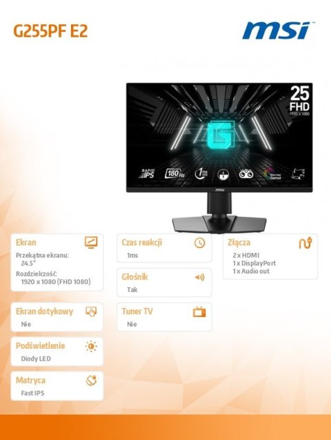 MSI Monitor G255PF E2 24,5 FHD LED 180Hz czarny gamingowy