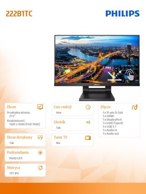 Monitor Philips 21.5 cali 222B1TC IPS Touch Full HD z HDMI i DP
