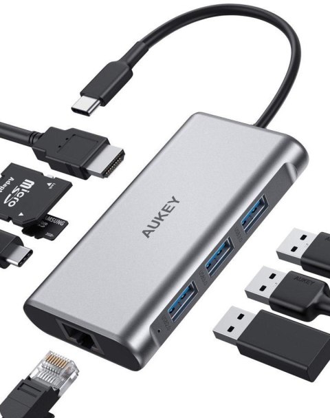 AUKEY CB-C91 HUB USB-C 8w1 aluminiowy z HDMI Ethernet i 3xUSB 3.1