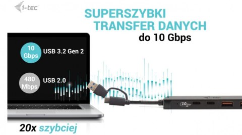 Hub I-tec USB-A/USB-C metalowy 4-portowy z szybkim transferem 10 Gbps