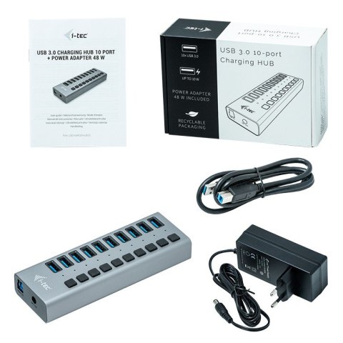 I-tec Hub USB 3.0 10 portów aktywny z ładowaniem 48W szary