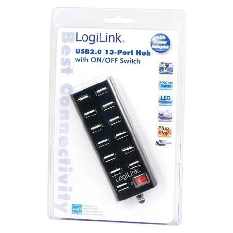 LogiLink Hub USB 2.0 13-portowy aktywny czarny z wyłącznikiem