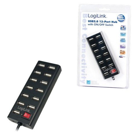 LogiLink Hub USB 2.0 13-portowy aktywny czarny z wyłącznikiem