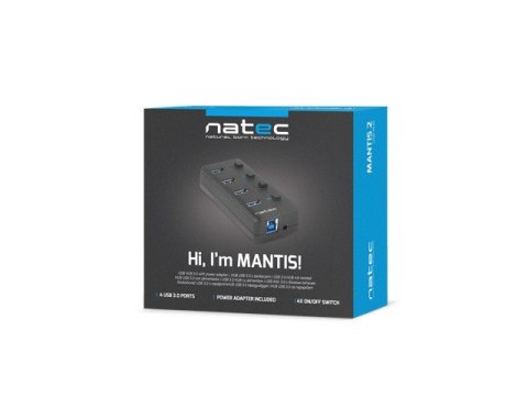 Hub USB Natec Mantis 4 porty zasilany aktywny USB 3.0 czarny