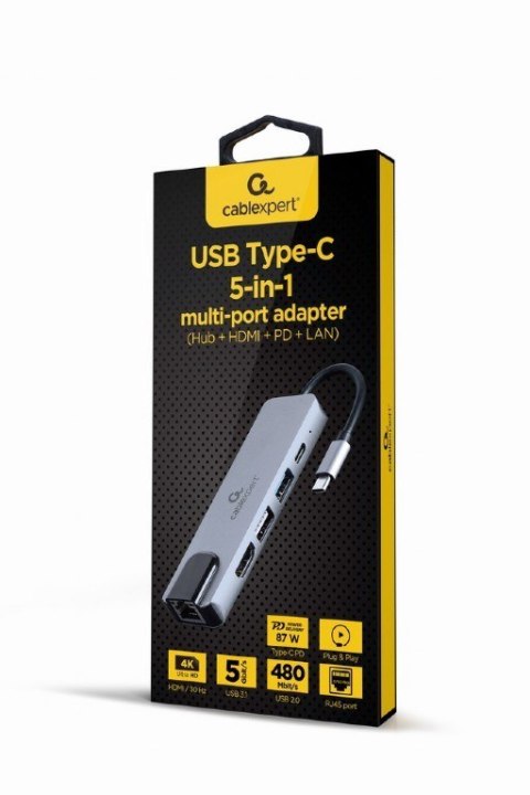 Adapter Gembird USB-C 5w1 PD HDMI USB 3.1 LAN wygodny