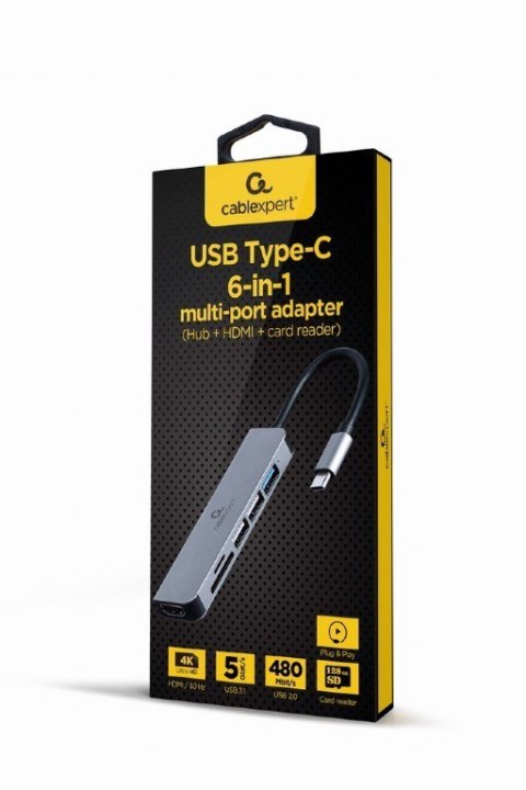 Adapter Gembird USB-C 6w1 HDMI USB 3.1 trwały aluminiowy czytnik kart