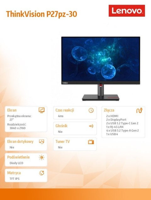 Monitor Lenovo ThinkVision P27pz-30 27 cali 4K wydajny IPS