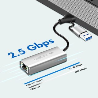 LogiLink Adapter USB-A/-C 2.5G Ethernet szary szybkie połączenie