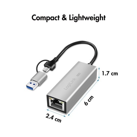 LogiLink Adapter USB-A/-C 2.5G Ethernet szary szybkie połączenie