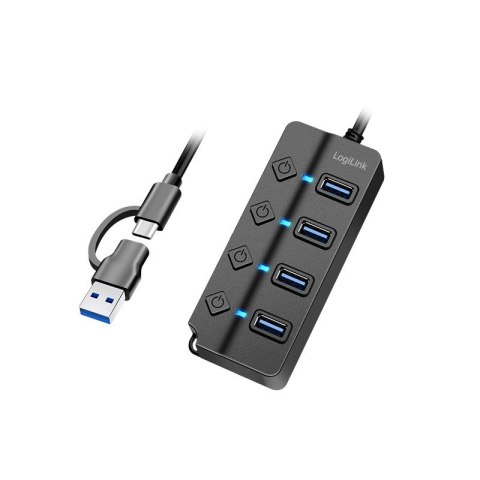 Hub LogiLink 4xUSB-A Gen1 aktywny z przełącznikami ON/OFF czarny