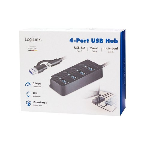 Hub LogiLink 4xUSB-A Gen1 aktywny z przełącznikami ON/OFF czarny