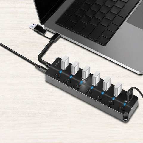 LogiLink HUB USB3.2 Gen1 7x USB-A czarny z przełącznikami On/Off