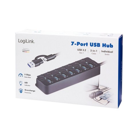 LogiLink HUB USB3.2 Gen1 7x USB-A czarny z przełącznikami On/Off