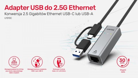 Unitek Adapter USB-A/C 3.1 GEN1 RJ45 2,5 Gbps szybki adapter Ethernet