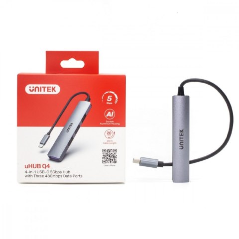 Unitek HUB USB-C 4 w 1 3x USB-A 2.0 1x USB-A 5 Gbps aluminiowy