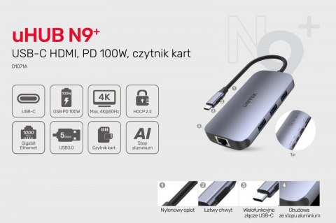 Unitek HUB USB-C 9w1 HDMI USB-A RJ45 100W kompaktowy adapter