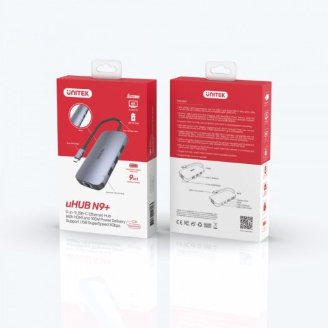 Unitek HUB USB-C 9w1 HDMI USB-A RJ45 100W kompaktowy adapter