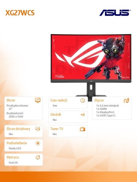 Monitor Asus ROG Strix XG27WCS 27 cali 2560x1440 180Hz zakrzywiony gamingowy