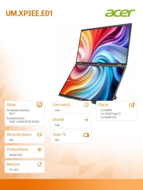 Monitor Acer PD193QEbmiuux 19 FHD mobilny dual IPS z podwójnym ekranem