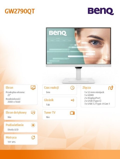 Monitor Benq GW2790QT 27 cali 2K 5ms IPS HDMI 100Hz matowy