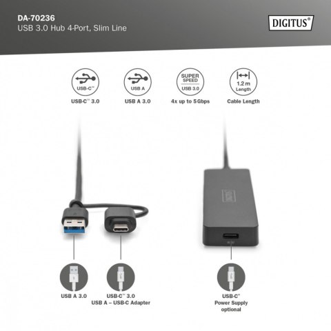 Digitus Hub USB 3.0 SlimLine 4-portowy z adapterem USB-C 5Gbps