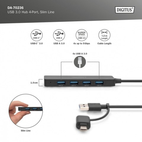 Digitus Hub USB 3.0 SlimLine 4-portowy z adapterem USB-C 5Gbps