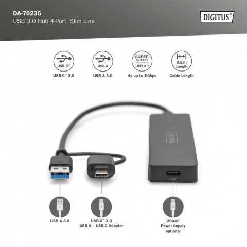 Digitus Hub USB 3.0 koncentrator 4-portowy SlimLine z adapterem USB-C