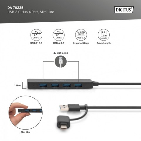 Digitus Hub USB 3.0 koncentrator 4-portowy SlimLine z adapterem USB-C