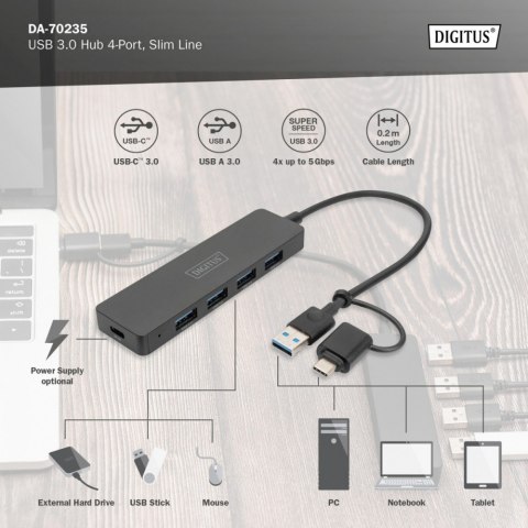 Digitus Hub USB 3.0 koncentrator 4-portowy SlimLine z adapterem USB-C