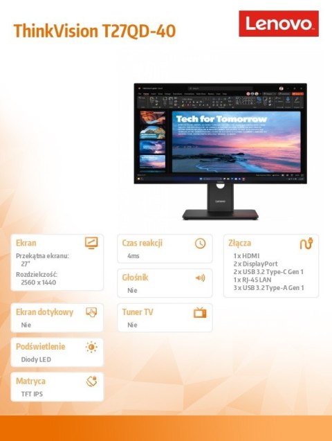 Monitor Lenovo ThinkVision T27QD-40 27 cali QHD IPS z USB-C