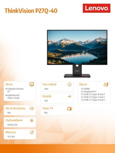 Monitor Lenovo ThinkVision P27Q-40 27'' WLED LCD matowy z kamerą