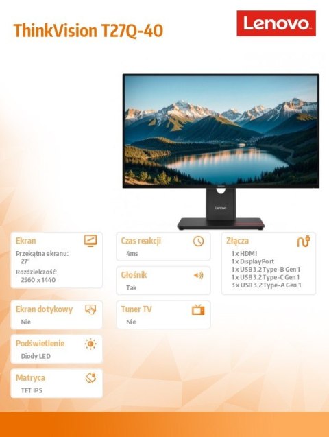 Monitor Lenovo ThinkVision 27 T27Q-40 WLED LCD matowy 2560x1440