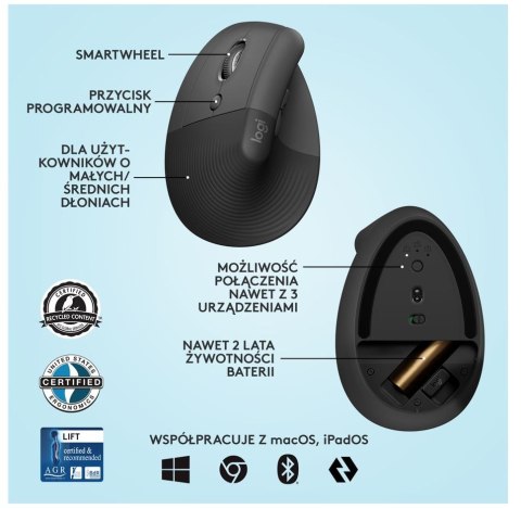 Logitech Mysz Lift grafitowa ergonomiczna pionowa dla leworęcznych