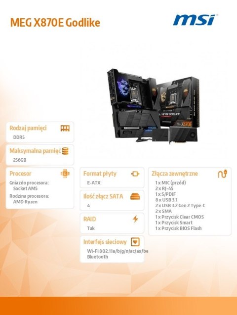 MSI Płyta główna MEG X870E Godlike AM5 DDR5 ATX ultra wydajna z Wi-Fi 7