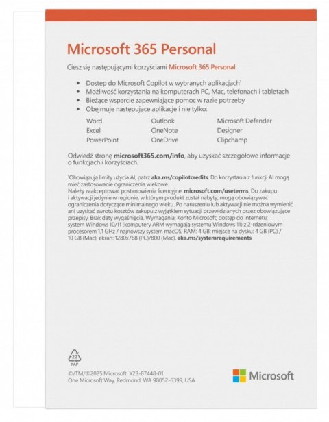 Microsoft 365 Personal PL 1Y 1U 5D Windows Mac z 1TB w chmurze